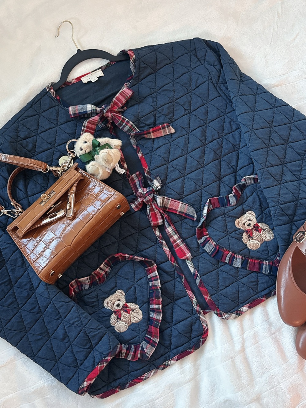 Darling Teddy Bear Cardigan Bow Plaid Cardigan